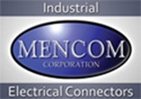 A blue and white logo for the mencom corporation.